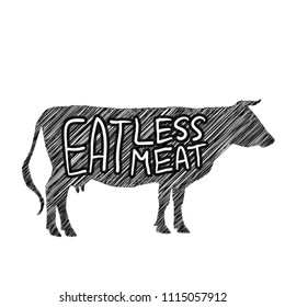 Eat less meat. Cow silhouette graze in the field, landscape, sky, grass, pasture. Black contour on white background. Pollution problem concept Eco, ecology banner poster. Vector