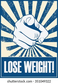 Eat less motivational poster vector background with hand and pointing finger. Health lifestyle promotion retro vintage grunge banner. Eps10 vector illustration.