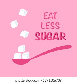 Eat less sugar concept vector illustration. Sugar on spoon in flat design on pink background.