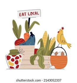 Eat Local Concept. Basket And Boxes With Seasonal Vegetables, Pickles And Eggs. Hand Lettering Sign Eat Local. Buy Fresh Organic Products From The Local Farmer’s Market