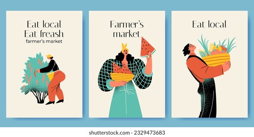 Eat local concept. Farmers market invitation card set with funny characters picking and selling fruits and vegetables in flat style