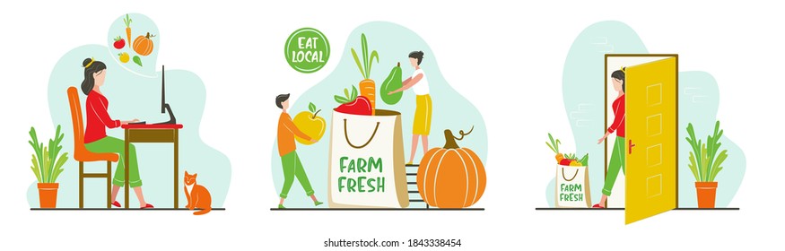 Eat Local Concept for Grocery Market, Home Delivery. Safe delivery food service during coronavirus quarantine. Online ordering steps infographic. Vegetables and fruits. Vector Farm market shop