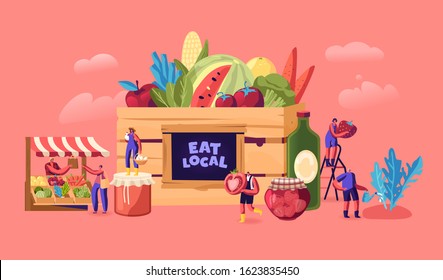 Eat Local Concept. Tiny Male and Female Characters Buy Fresh Healthy Tasty and Organic Seasonal Food without Exporting. Traditional Environment Homestead Groceries Products. Vector Illustration