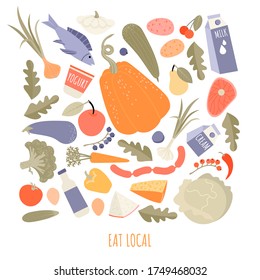 Eat local. Farm banner vector template with set of vegetables, fruits, meat and dairy produce. Illustration in a flat style.