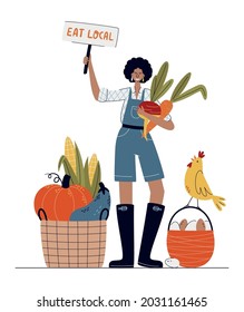 Coma el concepto de mercado local o agrícola. Mujer campesina de estilo moderno.  Comprar productos orgánicos frescos en el mercado de los agricultores locales. Ilustración de vectores de caricatura de producción orgánica local