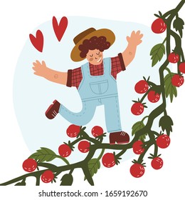 Eat local, farmers market and organic food concept. Happy farmer dancing on huge tomato branch surrounded by hearts. Flat vector isolated illustration.
