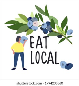 Eat local food concept. Harvesting concept. Pick-your-own concept. Woman picking blueberries vector illustration in abstract flat style