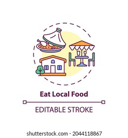 Eat local food concept icon. Sustainable tour tips. Food produced within short distance of where it is consumed idea thin line illustration. Vector isolated outline RGB color drawing. Editable stroke