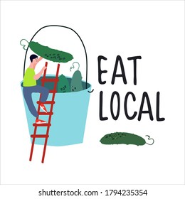 Eat local food concept. Pick-your-own concept. Fresh vegetables concept. Man picking cucumbers vector illustration in abstract flat style. Hand lettering