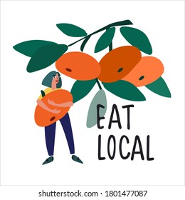 Eat local food concept. Pick-your-own concept. Fresh fruit concept. Woman picking mandarins vector illustration in abstract flat style. Hand lettering