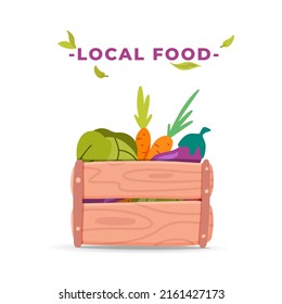 Eat Local Food Flat Concept Illustration. Wooden Box With Fresh Vegetables Icon. Healthy Eco Meal Design Poster. Cabbage, Carrot, Eggplant.
