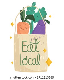 Eat Local Grocery Bag With Fresh Vegetables Cartoon Vector Illustration