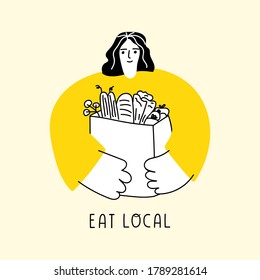 Eat local. Happy girl with shopping bag which full of food. Illustration on white background.