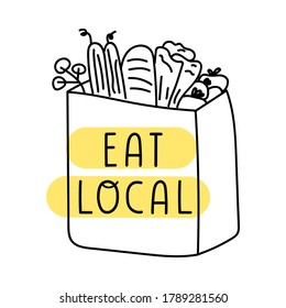 Eat Local. Icon Of Shopping Bag. Outline Illustration On White Background.