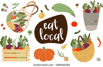 Eat local lettering vegetables and greens. Farmers market concept illustration with fresh vegetables isolated on the white background. Farmer, organic, vegan. Flat cartoon vector illustration