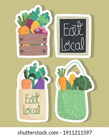 eat local market bags with food vegetables in sticker set vector illustration