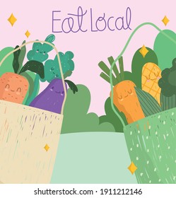 Eat Local, Market Bags With Fresh Vegetables Healthy Food Cartoon Vector Illustration