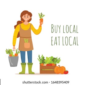 Eat local organic products cartoon vector concept. Colorful illustration of happy farmer character girl holding bucket with grown vegetables. Ecological market design for selling agricultural products