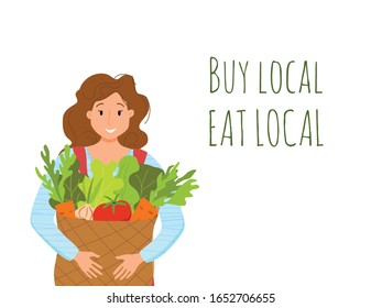 Eat local organic products cartoon vector concept. Colorful illustration of happy farmer character girl holding bucket with grown vegetables. Ecological market design for selling agricultural products