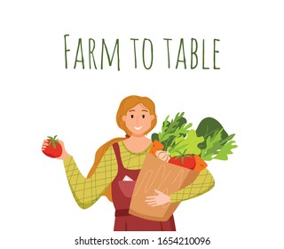 Eat local organic products cartoon vector concept. Colorful illustration of happy farmer character girl holding box with grown vegetables. Ecological market design for selling agricultural products