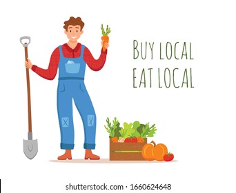 Eat local organic products cartoon vector concept. Colorful illustration of happy farmer character men holding shovel with grown vegetables. Ecological market design for selling agricultural products