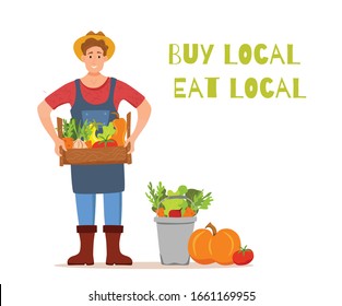 Eat local organic products cartoon vector concept. Colorful illustration of happy farmer character men holding package with grown vegetables. Ecological market design for selling agricultural products