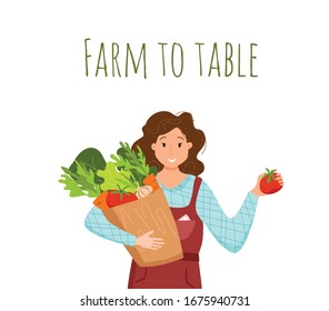 Eat local organic products cartoon vector concept. Colorful illustration of happy farmer character girl holding bucket with grown vegetables. Ecological market design for selling agricultural products
