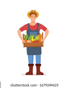 Eat local organic products cartoon vector concept. Colorful illustration of happy farmer character men holding box with grown vegetables. Ecological market design for selling agricultural products