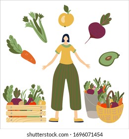 Eat local organic products cartoon vector concept. Colorful illustration of happy farmer with grown vegetables. Ecological market design for selling agricultural products