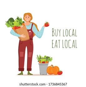 Eat local organic products cartoon vector concept. Colorful illustration of happy farmer character girl holding box with grown vegetables. Ecological market design for selling agricultural products