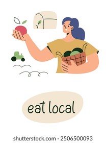 Eat local poster with hand lettering. Vector illustration in cartoon style. Woman farmer holding basket with fresh produce. Eco friendly, sustainable lifestyle, organic farming. Modern minimal design