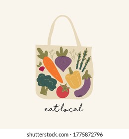 Eat local vector concept. Different vegetables in bag with lettering local producers.