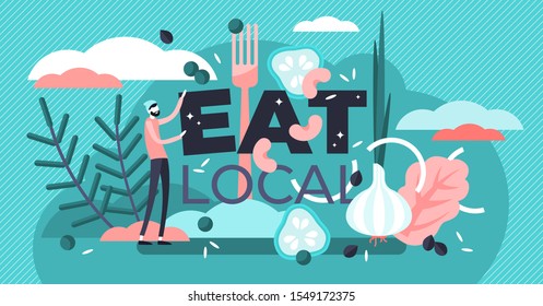 Eat Local Vector Illustration. Flat Tiny Encouragement Sign Persons Concept. Fresh, Healthy, Tasty And Organic Seasonal Food Without Exporting. Traditional Environment Raw Groceries And Ingredients.