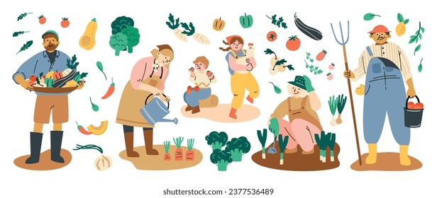 Coma el conjunto de ilustraciones vectoriales locales. Agricultura orgánica con agricultores que realizan trabajos agrícolas, siembra, producción orgánica local, frutas y verduras, agricultura y jardinería, mercado de agricultores modernos.