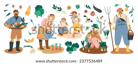 Eat local vector illustration set. Organic farming with people farmers doing farming job, planting, local organic production, Fruits and vegetables, agriculture and gardening, modern farmers market.