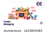 Eat Local Website Landing Page. Tiny Male and Female Characters Buy Fresh Healthy Tasty and Organic Seasonal Food Groceries Products without Exporting Web Page Banner. Cartoon Flat Vector Illustration