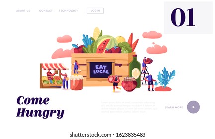 Eat Local Website Landing Page. Tiny Male and Female Characters Buy Fresh Healthy Tasty and Organic Seasonal Food Groceries Products without Exporting Web Page Banner. Cartoon Flat Vector Illustration