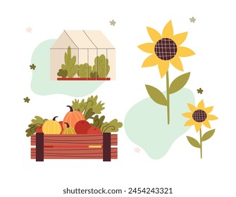 Eat local. A young farmer woman waters seedlings from a watering can. Mini home gardening. Farmers market concept. Flat cartoon vector illustration.