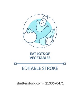 Eat lots of vegetables turquoise concept icon. Building healthy bones abstract idea thin line illustration. Isolated outline drawing. Editable stroke. Arial, Myriad Pro-Bold fonts used svg