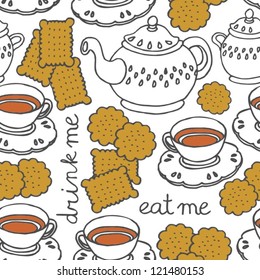 "eat me drink me" tea and cookies sweet seamless pattern on white