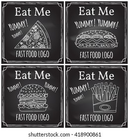 Eat me. Elements on the theme of the restaurant business.  Chalk drawing on a blackboard. Logo, branding,  logotype,  badge  with a  burger, hot dog,  fries and pizza.  Fast food symbol.