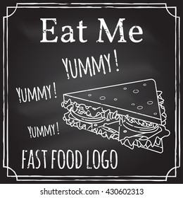 Eat me. Elements on the theme of the restaurant business. Chalk drawing on a blackboard.