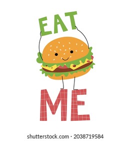 Cómeme ilustración de vector dibujada a mano con una tierna hamburguesa. Comida rápida. Diseño plano para impresión, afiche, pancarta, camiseta, taquilla, pegatina.