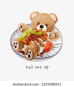 eat me up slogan with bear doll in fried pork cutlet dish vector illustration