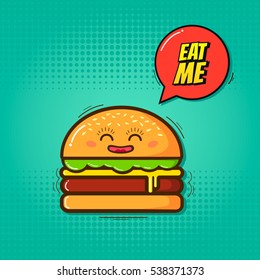 ¡Cómeme ilustración vectorial! ¡La hamburguesa graciosa de caricatura con emblema me come en un fondo azul!