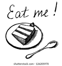 Eat me, vector sketch illustration with cake