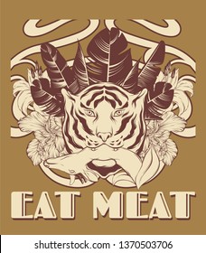 Eat meat. Vector hand drawn illustration of tiger with deer and plants isolated. Creative tattoo artwork. Template for card, poster. banner, print for t-shirt, pin, badge, patch.