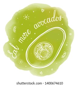 Eat more avocados lettering. Poster with  hand drawn doodle illustration of an avocado. Vector. 