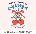 Eat more cherry. Sweet cherry artwork. Cherry fruit with bow print. Nature fruit club print design. Organic food artwork for for t-shirt. Fruit vintage t-shirt design.