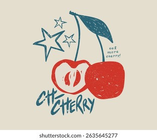 Eat more cherry. Sweet cherry artwork. Cherry fruit print. Nature fruit club print design. Organic food artwork for for t-shirt. Fruit vintage t-shirt design.